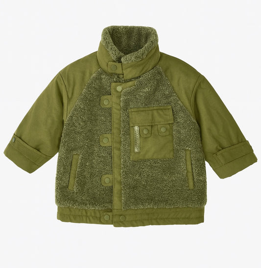 Olive Green Sherpa-Lined Winter Jacket With Front Pocket