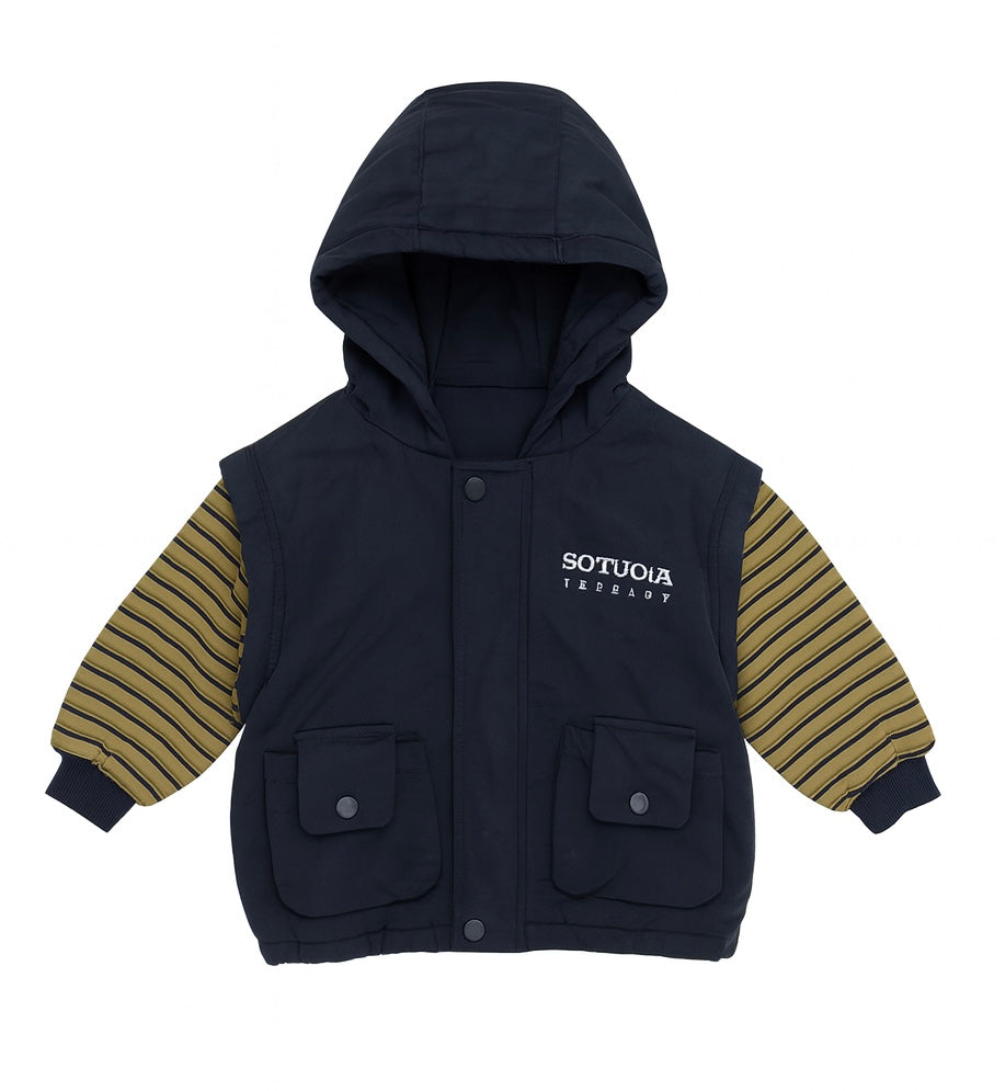 Navy Hooded Jacket With Striped Sleeves