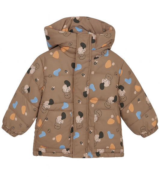 Brown Puffer Jacket With Colorful Heart and bear Print