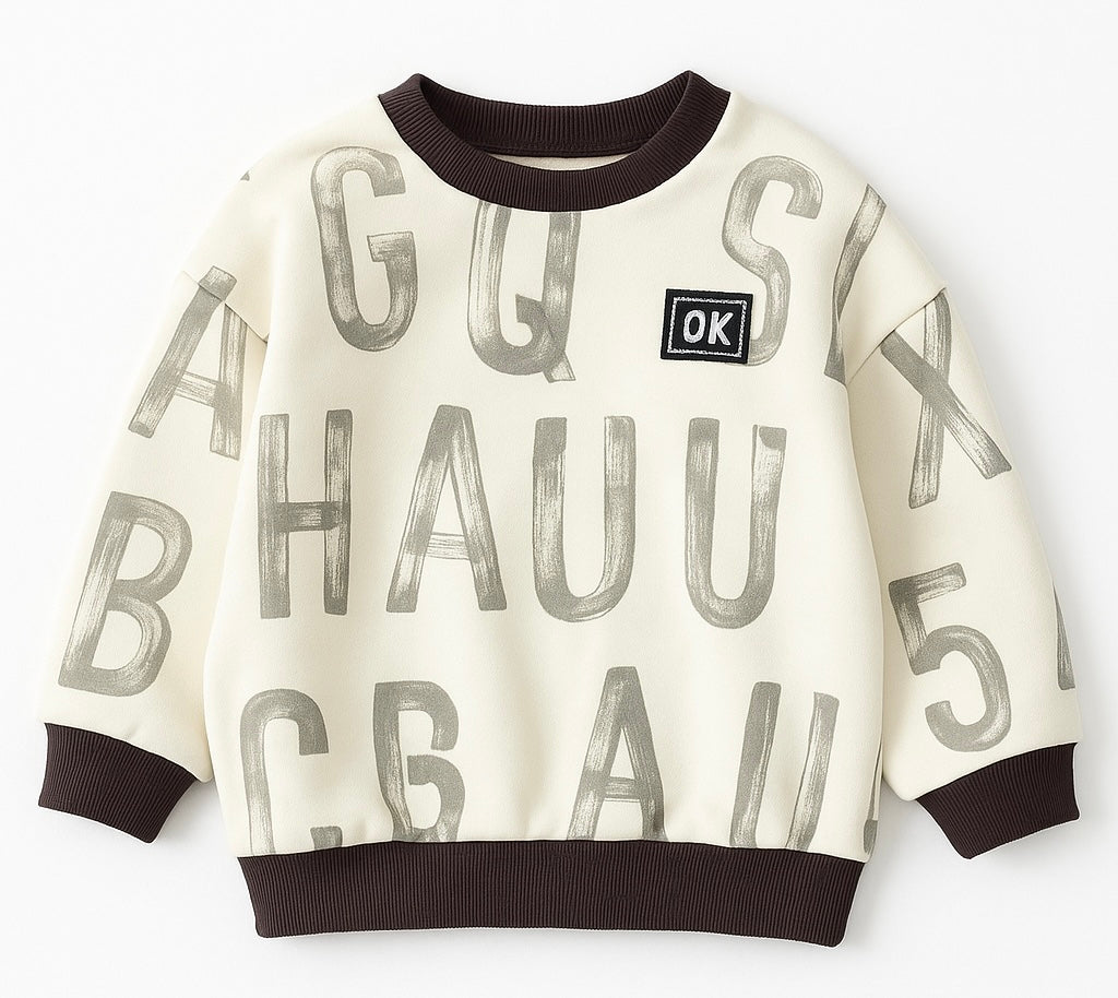 Grey Sweatshirt – Alphabet Print Pullover in Neutral Tones
