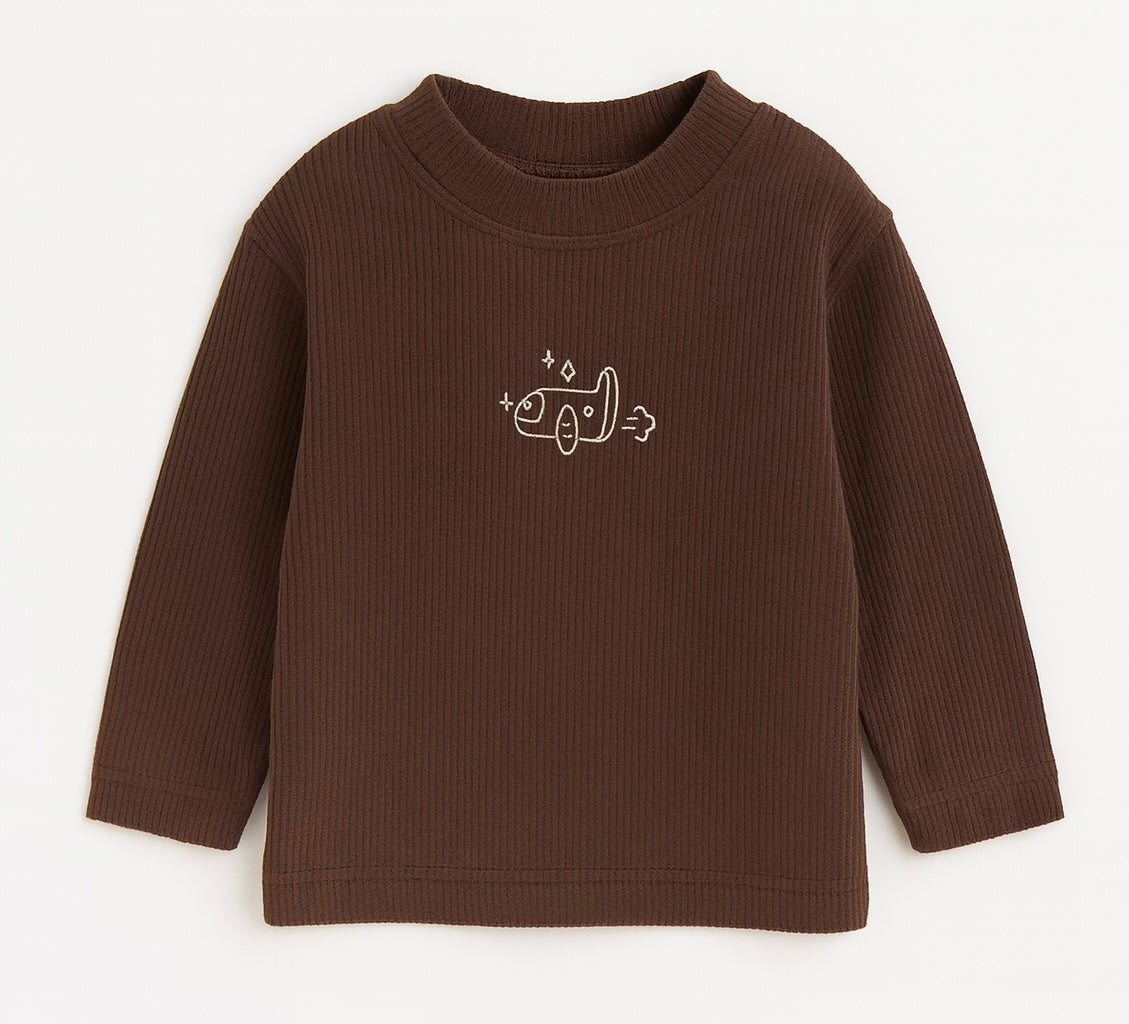 Brown Ribbed Long-Sleeve Top with Rocket Print
