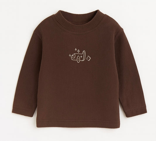 Brown Ribbed Long-Sleeve Top with Rocket Print