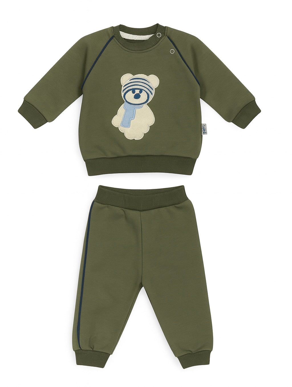 Olive Green Baby Tracksuit with Cute Bear Appliqué – Cozy Two-Piece Set