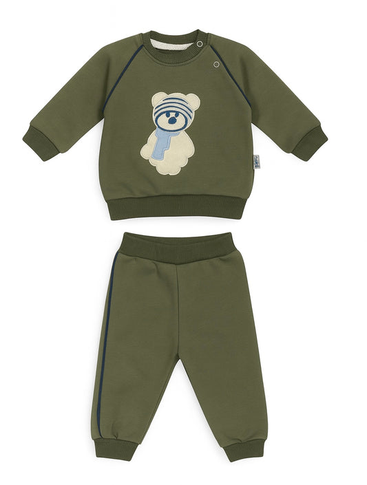 Olive Green Baby Tracksuit with Cute Bear Appliqué – Cozy Two-Piece Set