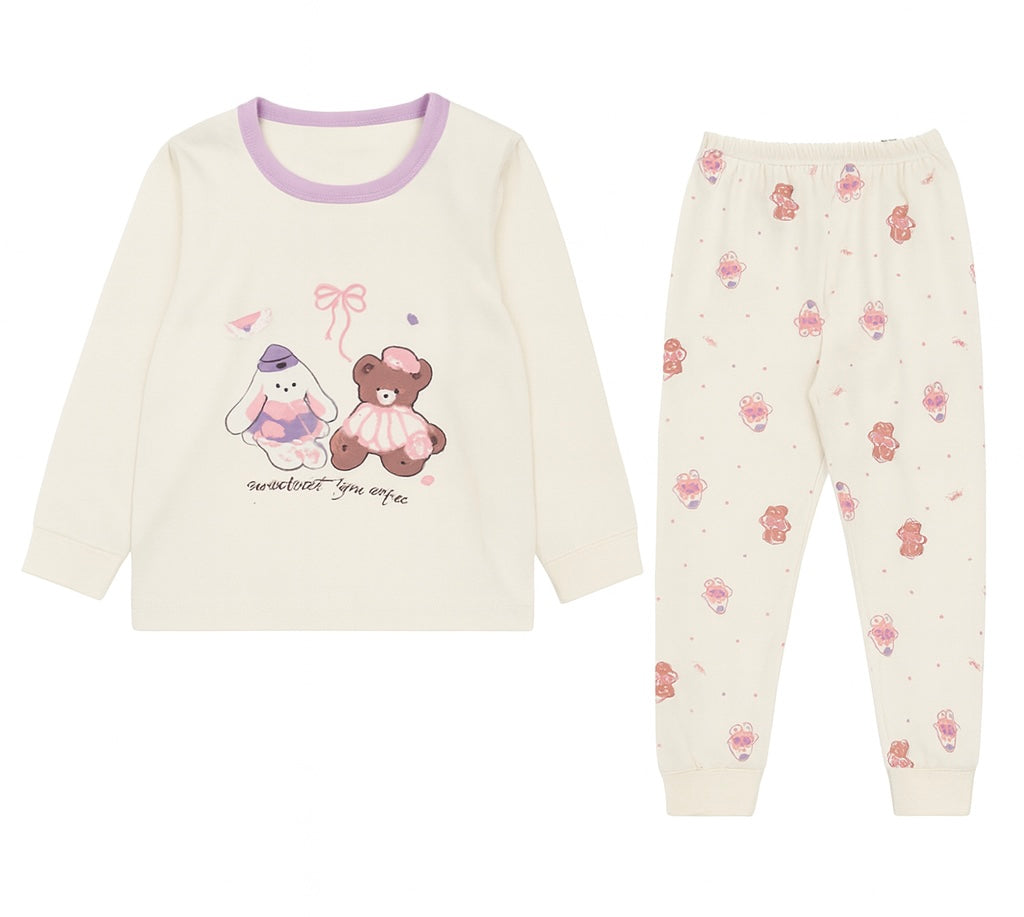 Pajama Set – Bunny & Bear Print with Cream Pants