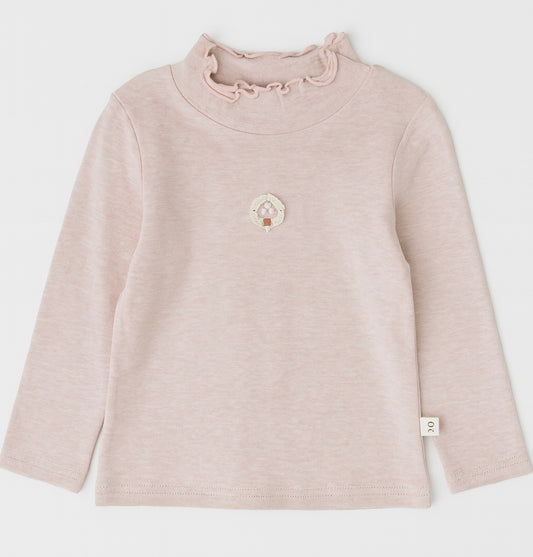 Pink Long Sleeve Top with Ruffled Neck
