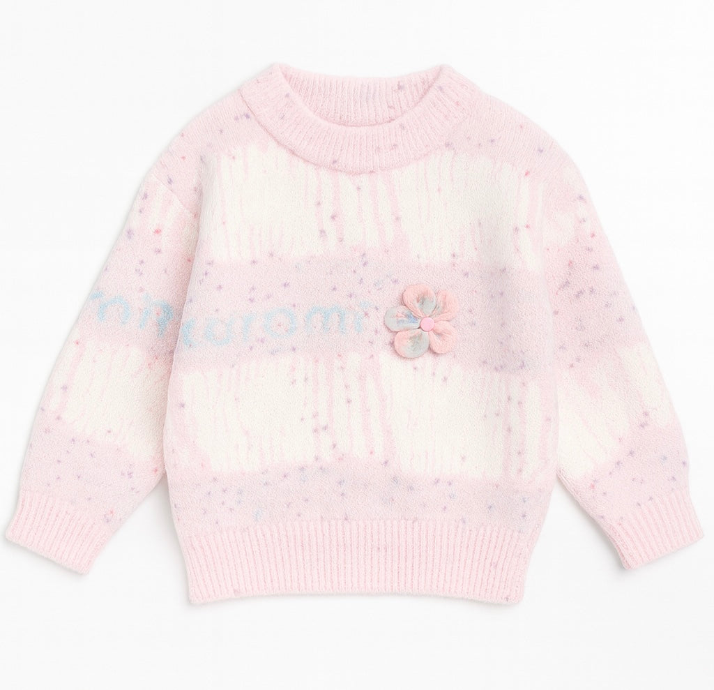 Knitted Sweater – Pink & White Pastel with Flower Patch