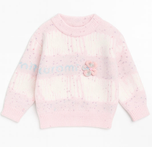 Knitted Sweater – Pink & White Pastel with Flower Patch