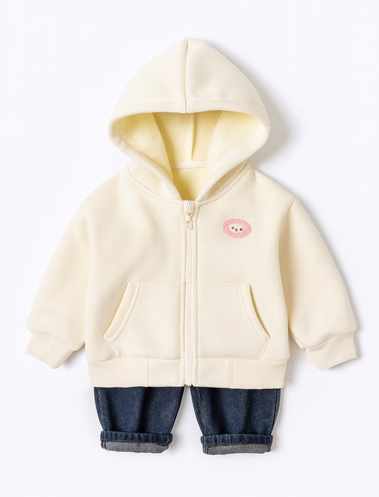 Cream Hooded Zip-Up Jacket With Front Pockets