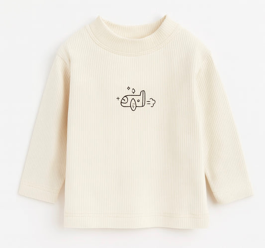 Cream Ribbed Long-Sleeve Top with Rocket Print