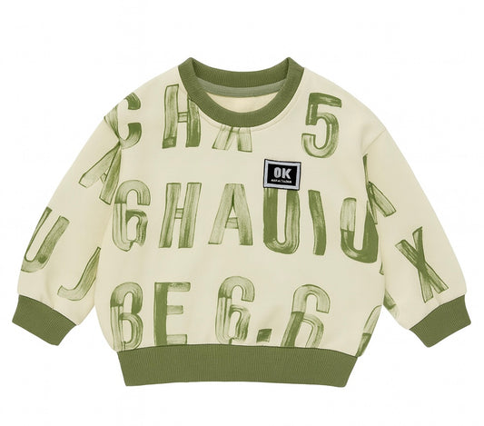 Green Sweatshirt – Alphabet Print Pullover in Neutral Tones