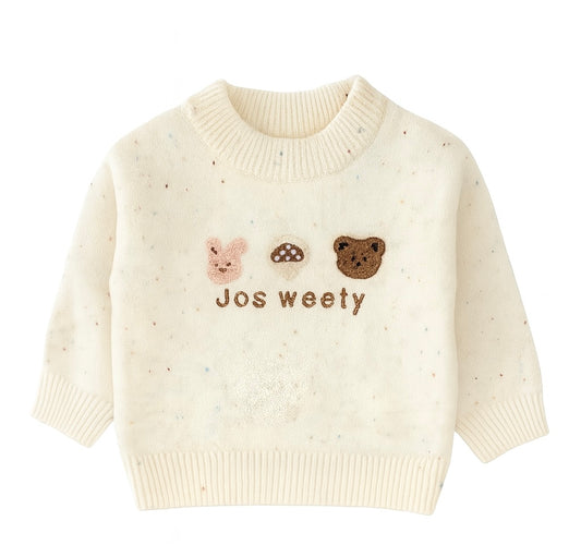 White Sweater With Bear And Mushroom Patches