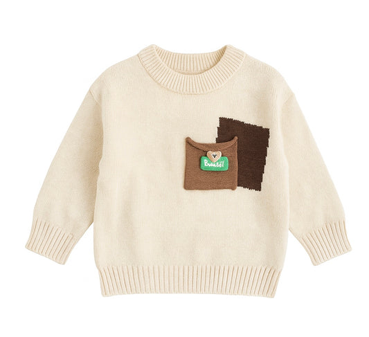 Beige Knit Sweater With Brown Patch Pocket