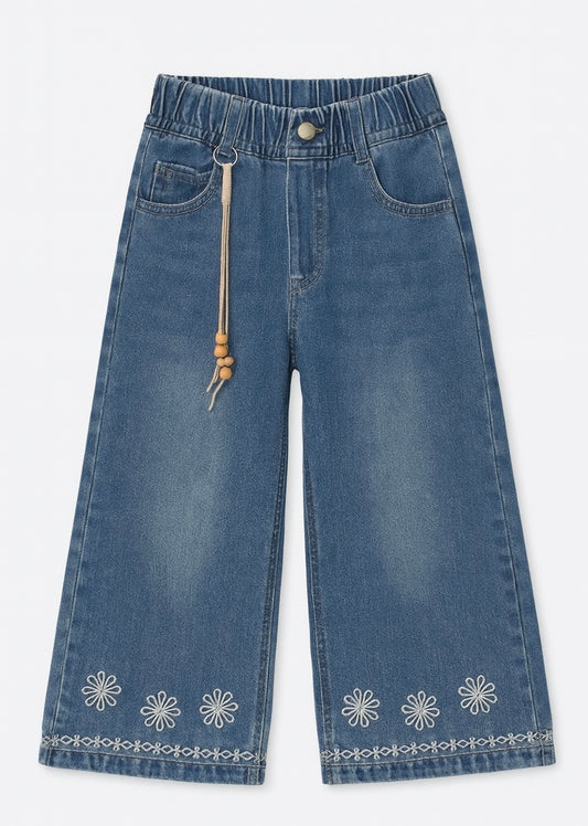Wide Leg Denim Jeans With Floral Embroidery