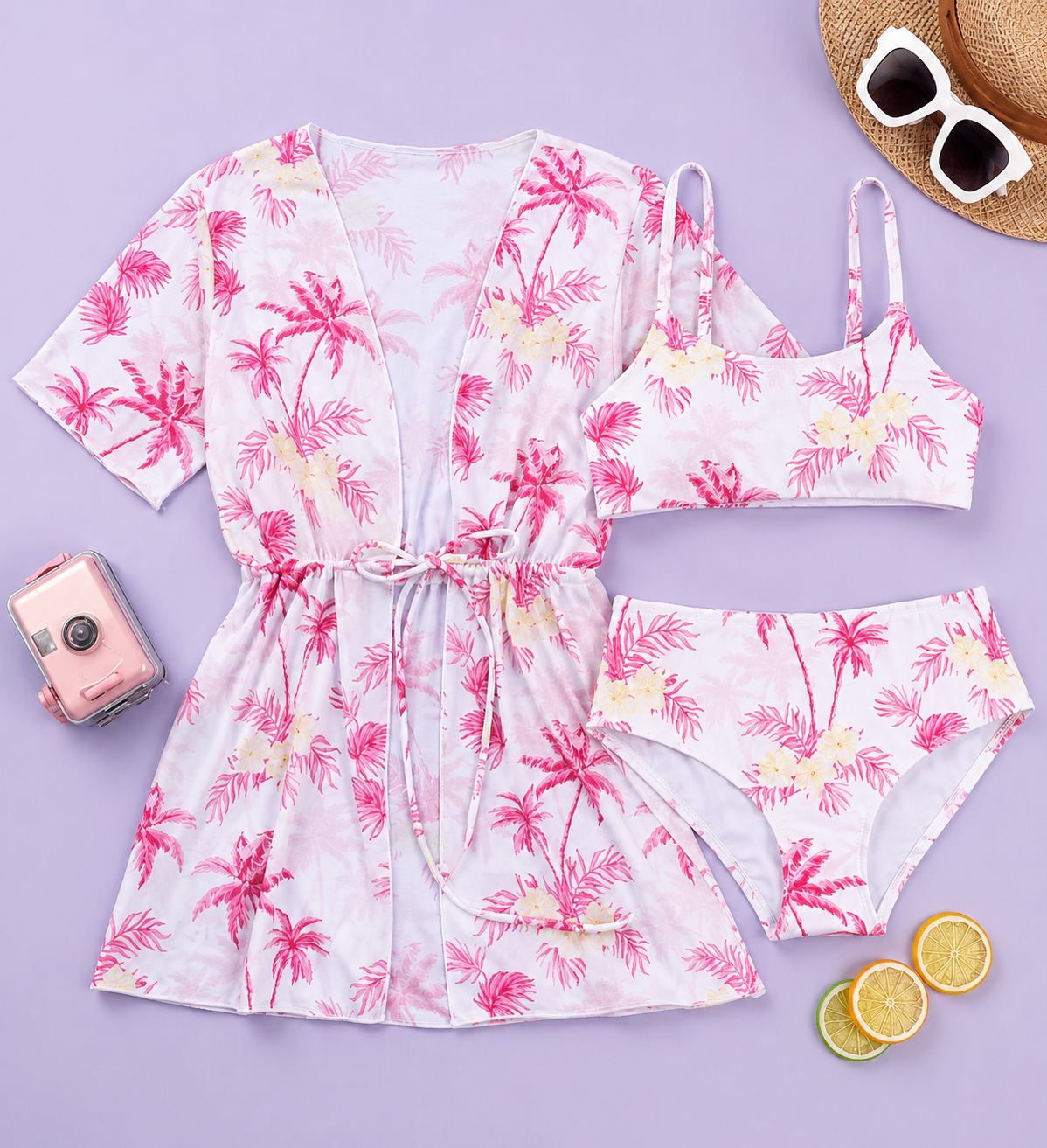 Tropical Palm Print 3-Piece Girls Swim Set