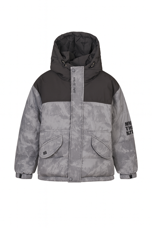 Two-Tone Grey Puffer Jacket With Hooded and Front Flap Pockets