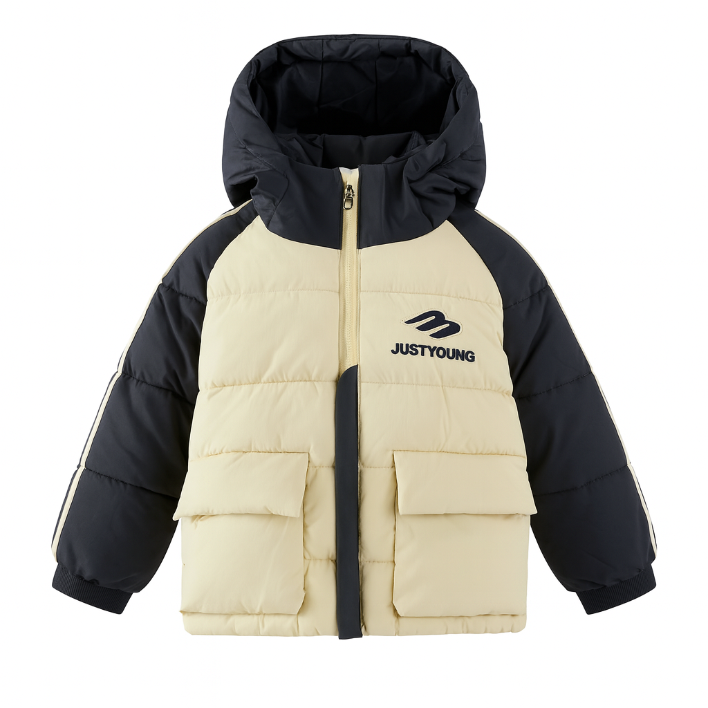 Two-Tone Beige and Navy Puffer Jacket