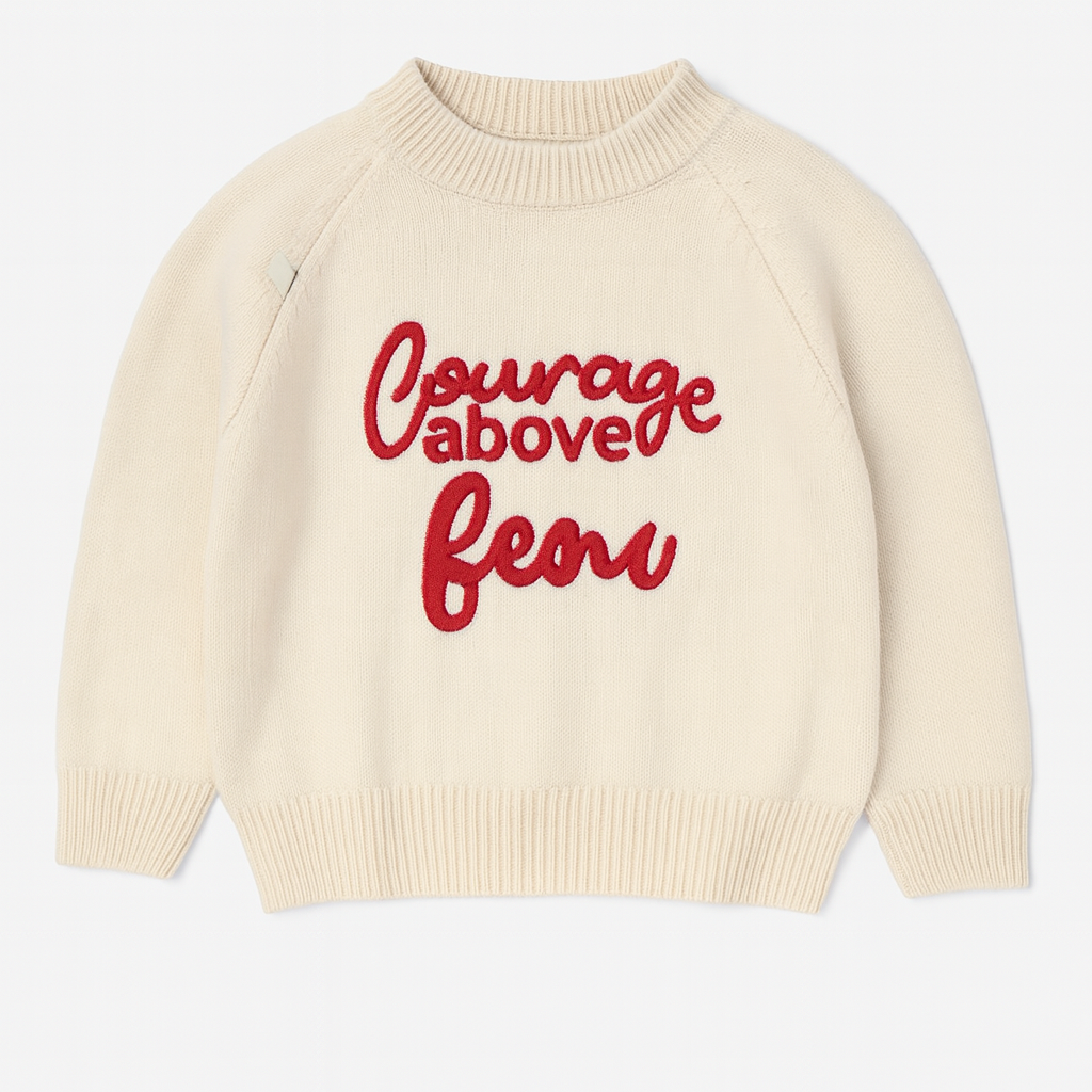 Knitted Sweater – Cream with Red Lettering