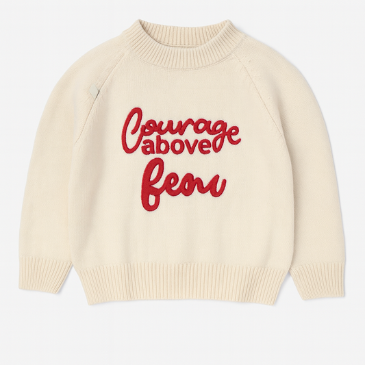 Knitted Sweater – Cream with Red Lettering