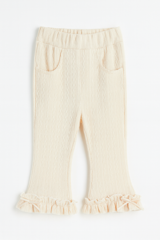 Ruffle Hem Pants – Cream Textured Knit with Pockets