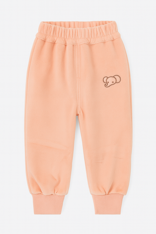 Soft Peach Fleece Jogger Pants with Bear Embroidery