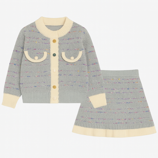 Two-Piece Set Blue Knit Cardigan & Pleated Skirt