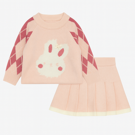 Two-Piece Set Pink Bunny Sweater & Pleated Skirt