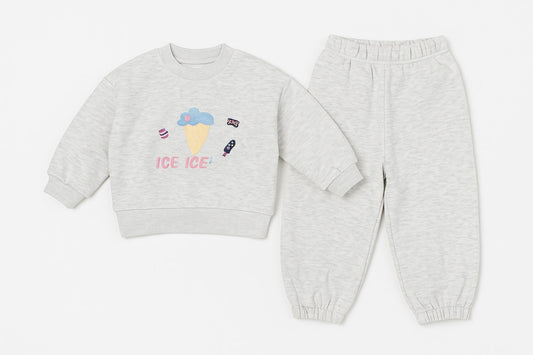 2 Piece Set – Grey Cartoon Ice Cream Kitty Design