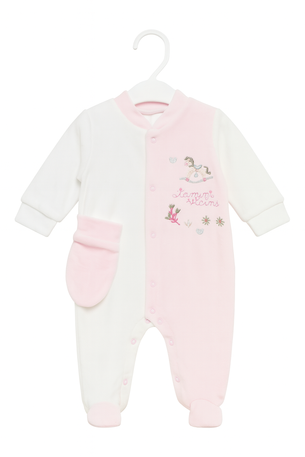 Soft Pink and White Baby Sleepsuit with Embroidered Rocking Horse Design