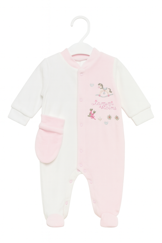 Soft Pink and White Baby Sleepsuit with Embroidered Rocking Horse Design
