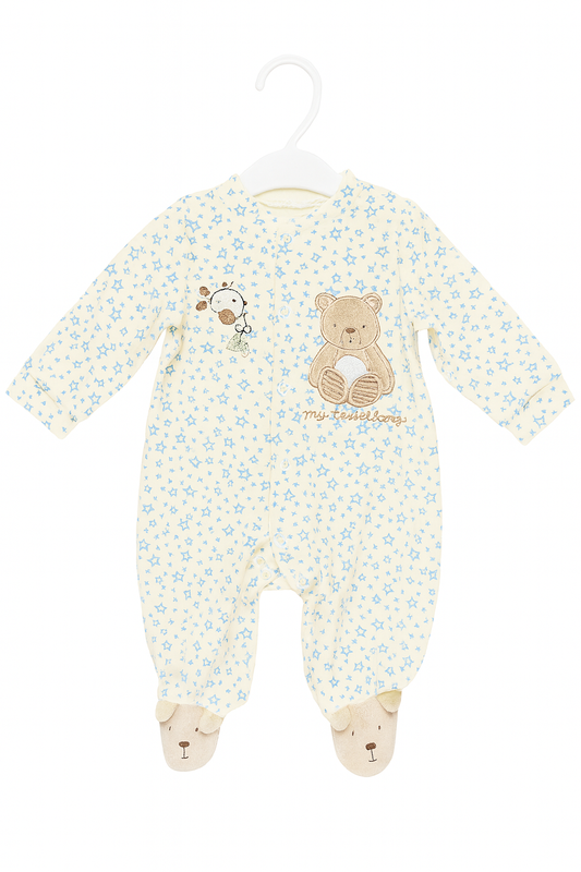 Cream and Blue Star Baby Sleepsuit with Teddy and Puppy Embroidery