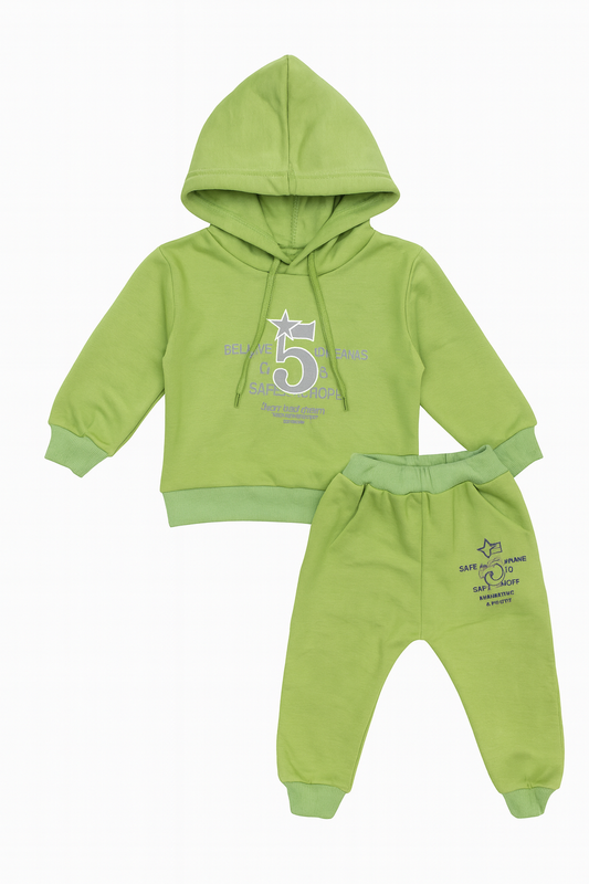 Light Green Baby Hoodie and Jogger Set with Number 5 Print Design