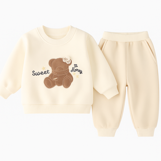 Cream “Sweet Honey” Teddy Bear Baby Outfit Set – Cozy Sweatshirt and Pants for Kids
