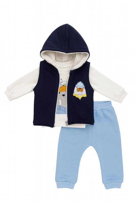 Baby Outfit with Navy Hooded Vest and Light Blue Pants