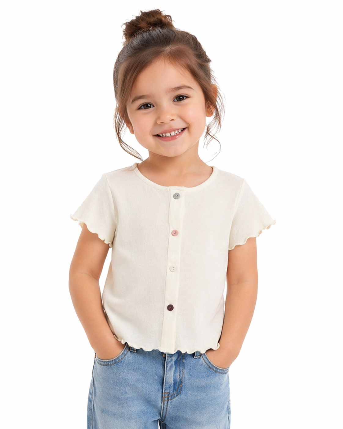 Cream Ribbed Button-Front Top