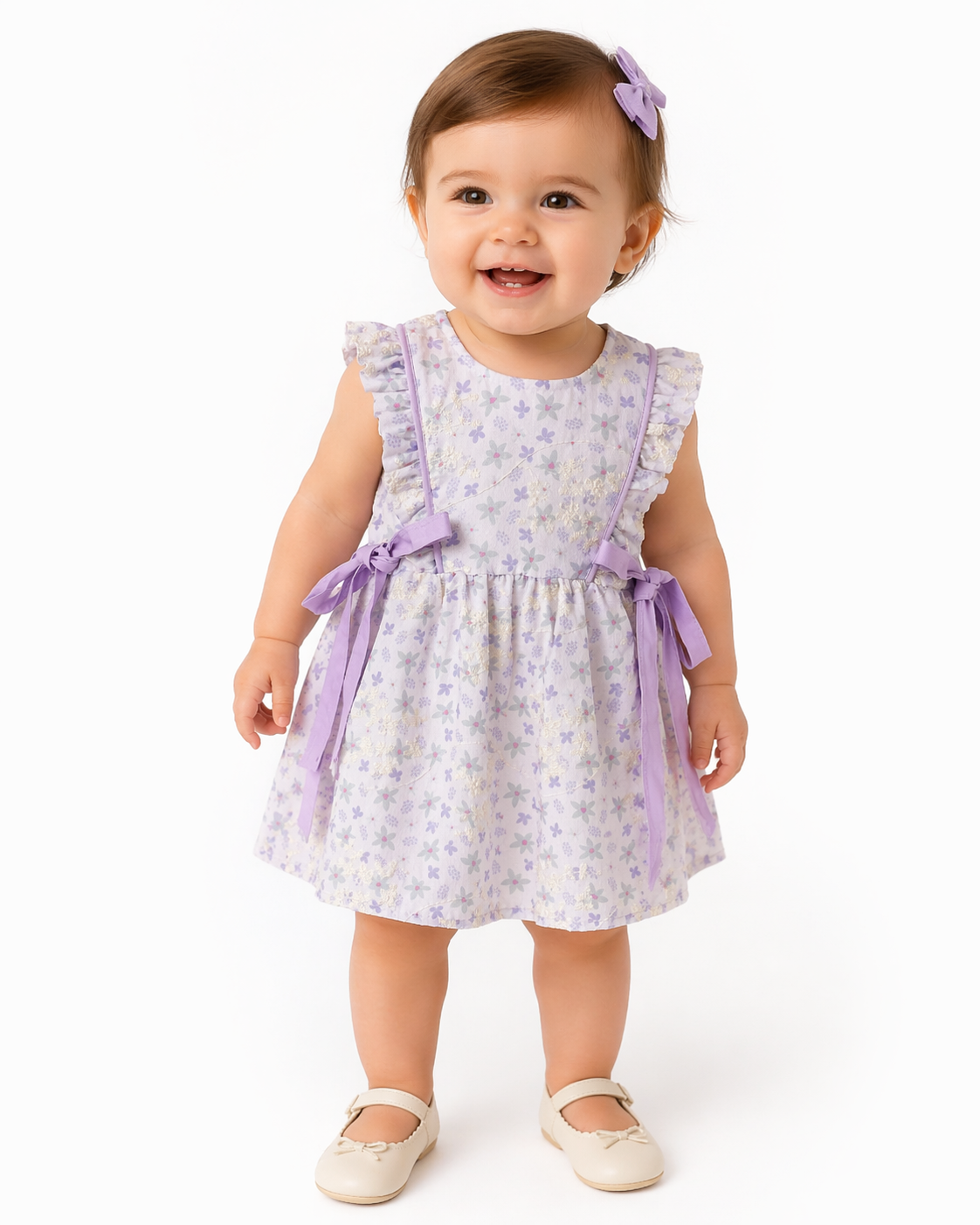 Baby Girls Lavender Floral Ruffle Dress with Bow Details