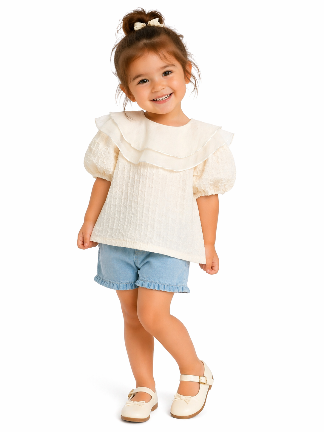 Cream Ruffle Collar Girls Blouse