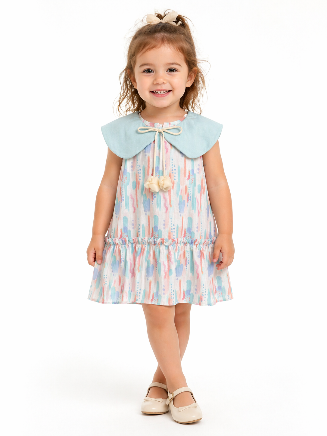 Pastel Print Baby Girl Dress with Blue Collar