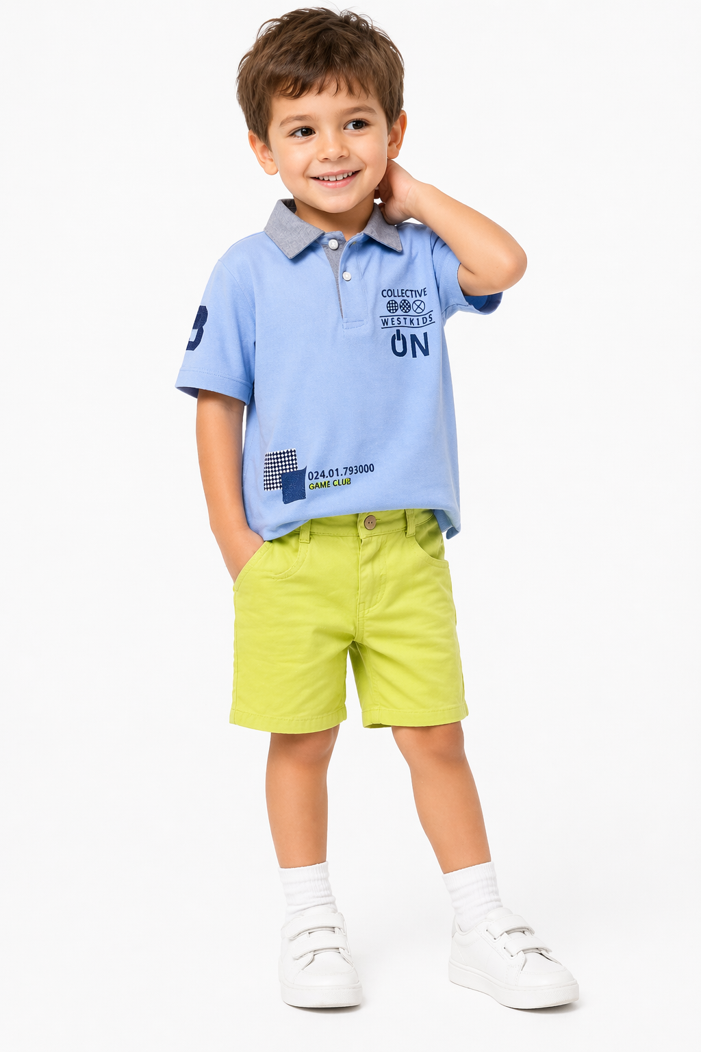 Blue Polo Shirt & Lime Green Shorts Set