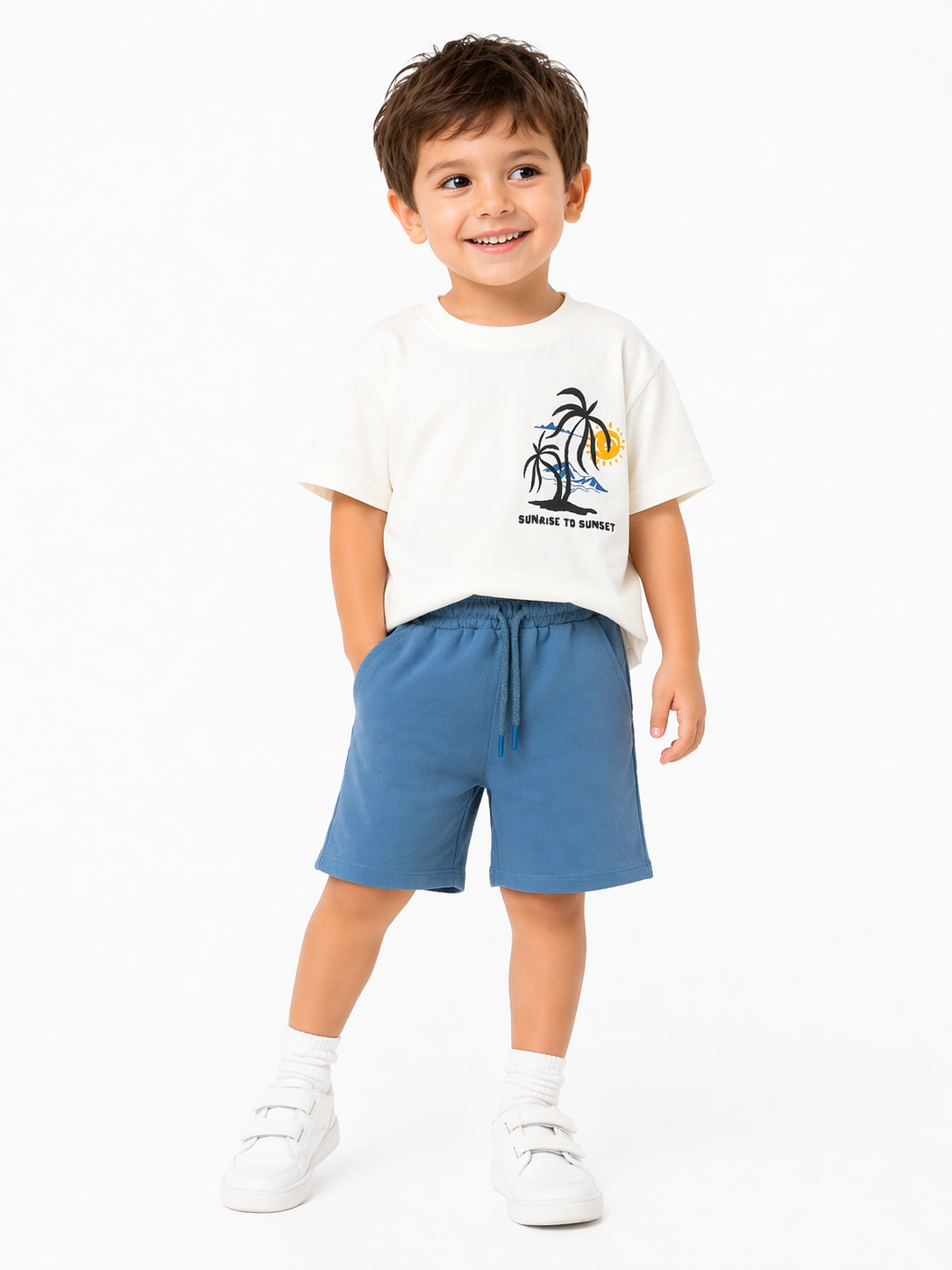 White Palm Tree Print Tee & Blue Shorts Set