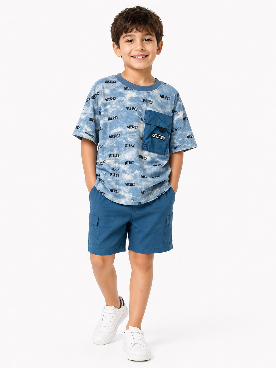 Cloud Print Tee with Utility Pocket & Blue Shorts Set