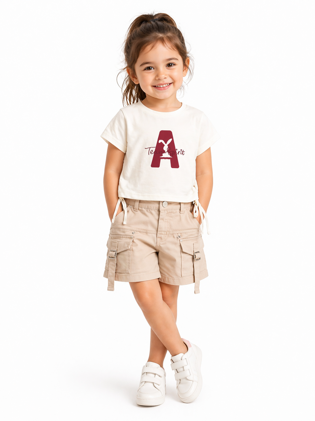Cream Graphic Crop Top with Side Drawstrings
