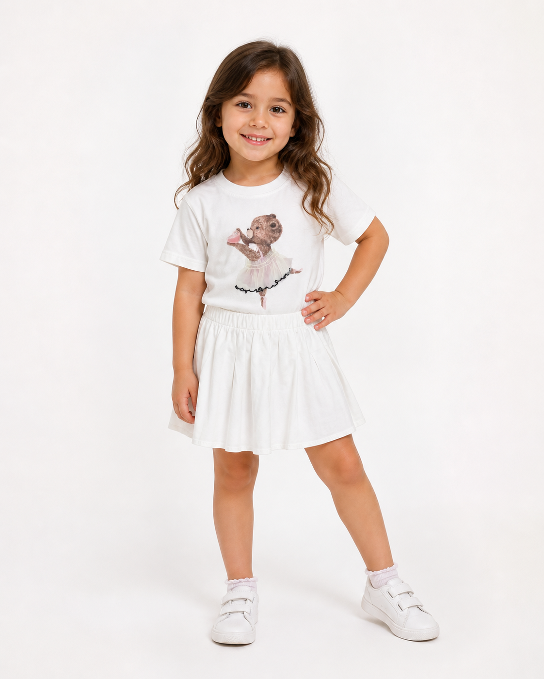 White Teddy Ballet T-Shirt & Pleated Skirt Set