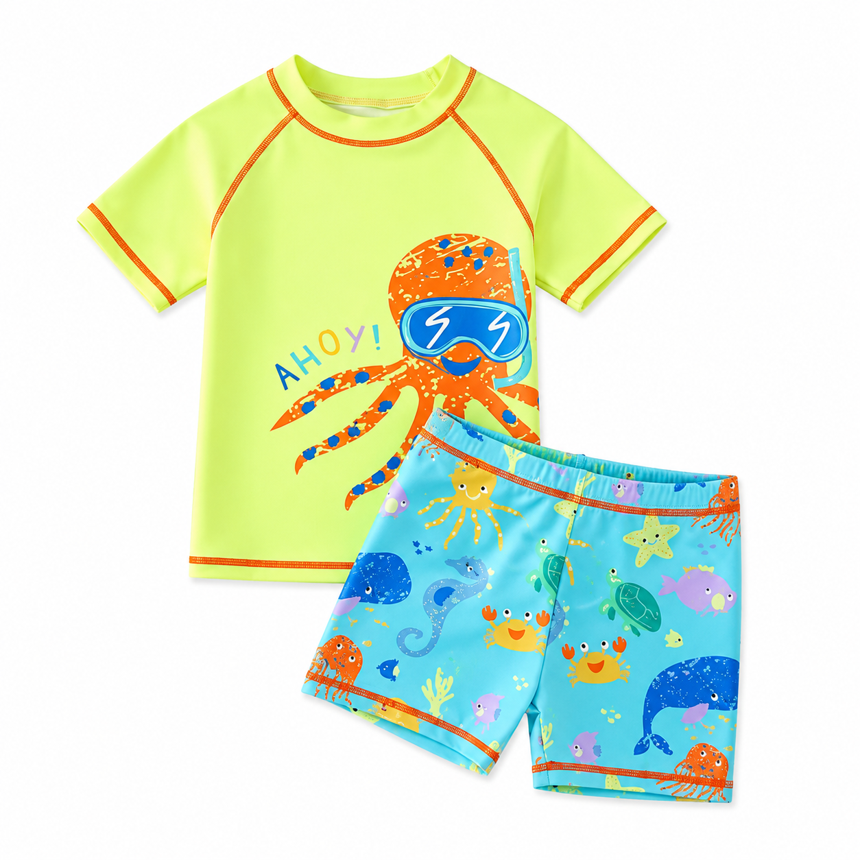 Neon Octopus Kids Swim Shirt & Shorts Set