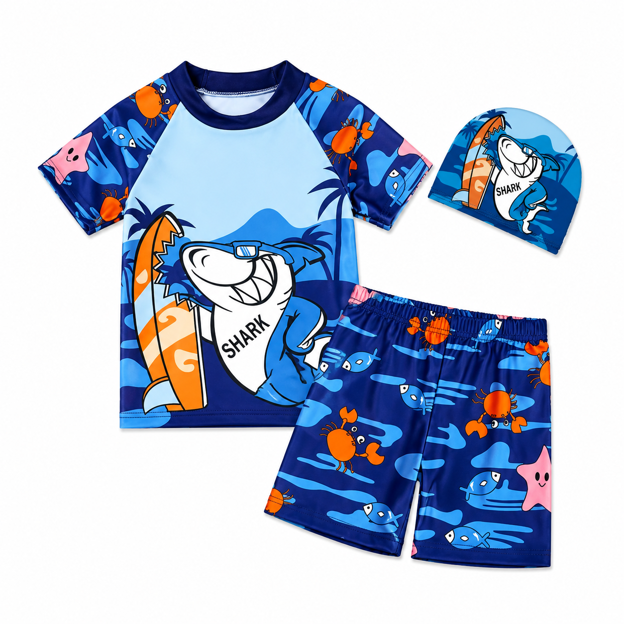 Surf Shark Cartoon Swimwear Set with Cap