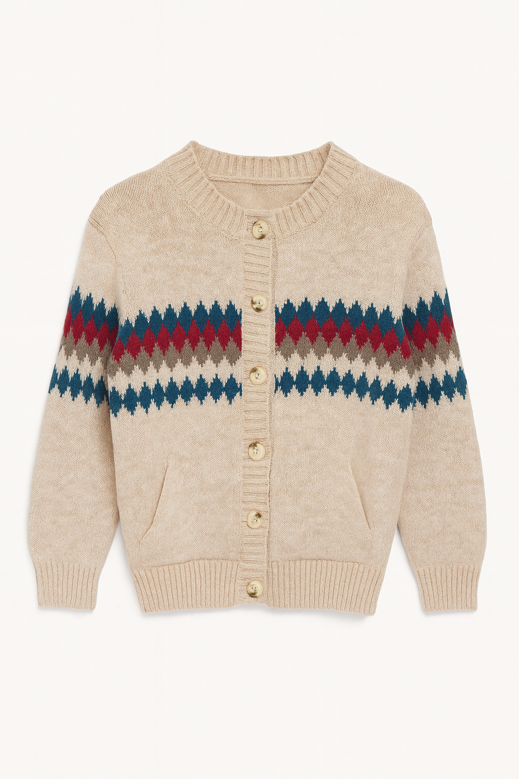 Beige Fair Isle Patterned Button-up Cardigan