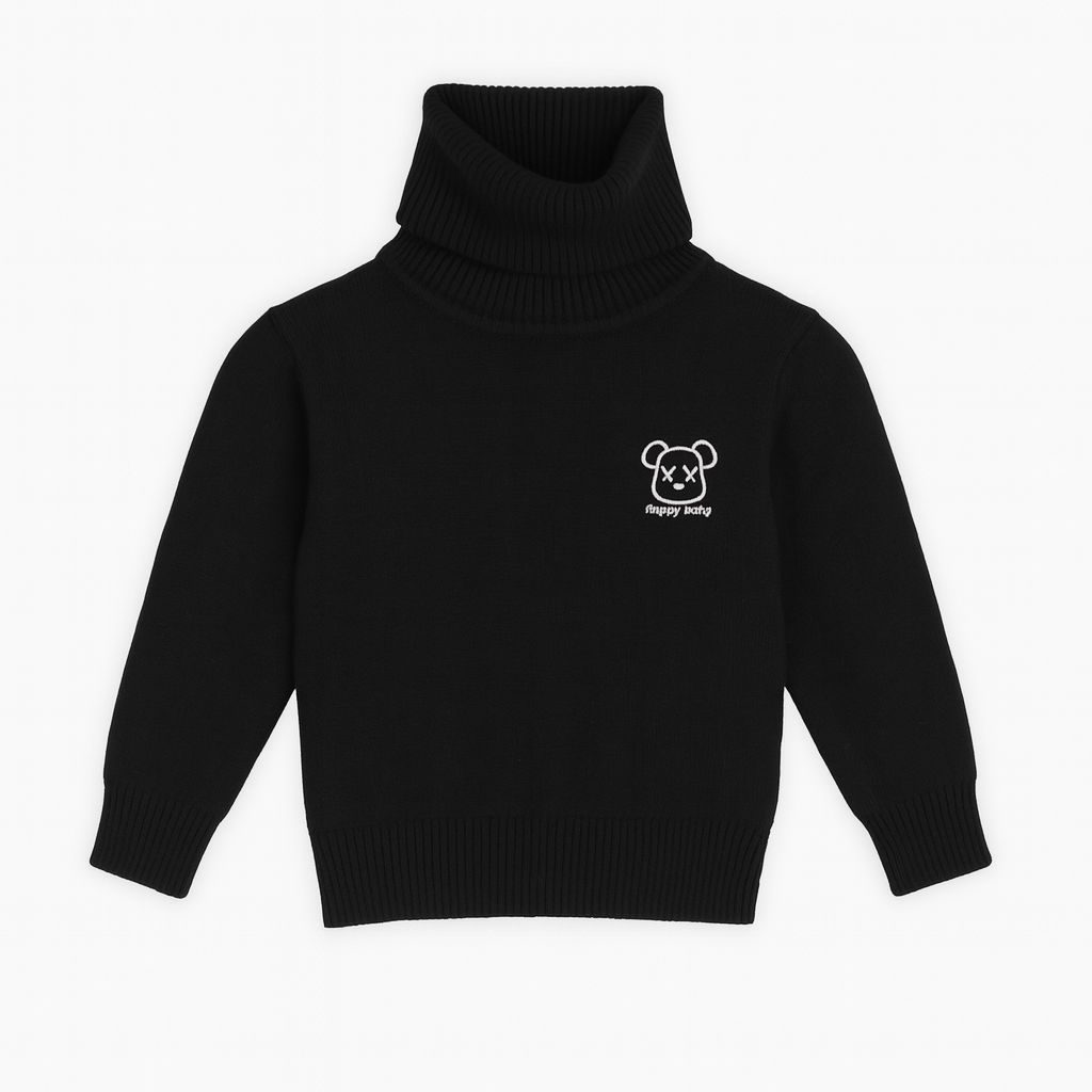 Black Turtleneck Sweater with Playful Bear