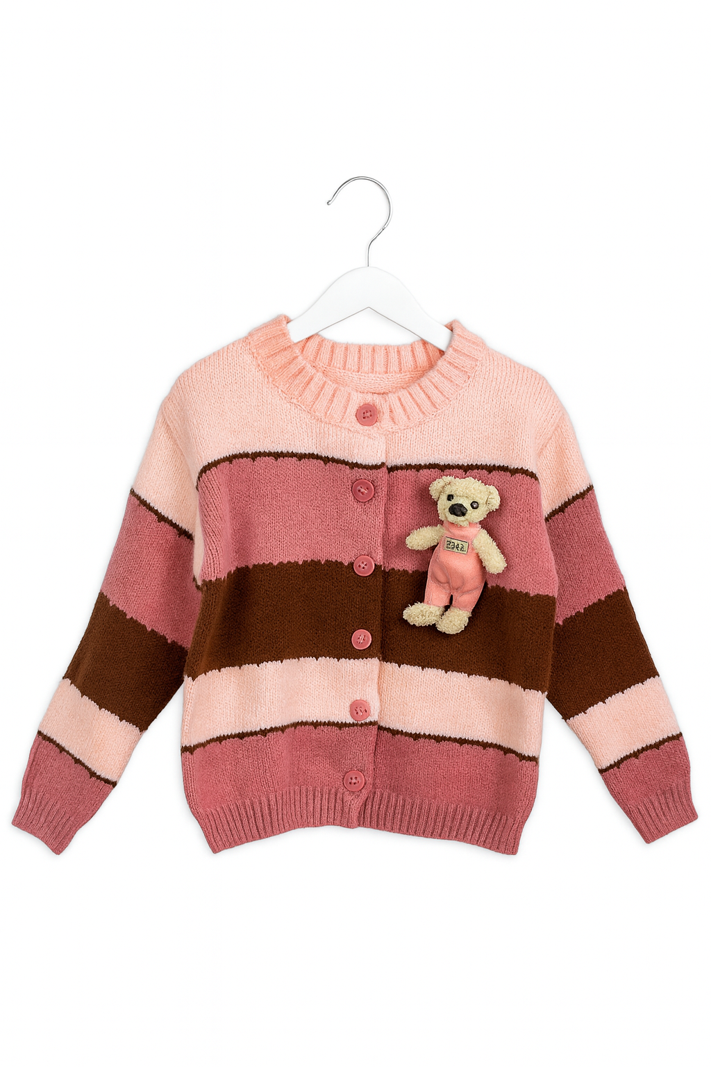 Pink and Brown Striped Cardigan with Cute Teddy Bear Accent