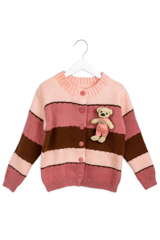 Pink and Brown Striped Cardigan with Cute Teddy Bear Accent