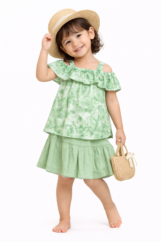 Tropical Ruffle Top & Skirt Set – Mint Green